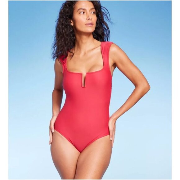 Kona Sol Women's Full Coverage Cap Sleeve U-Wire One Piece Swimsuit Red Medium - Picture 1 of 6